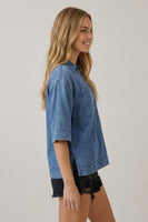 Doe & Rae Denim Collared Split V-neck Top in Dark Denim