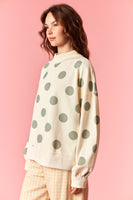 Peach Love Polka Dot Lightweight Mock Neck Sweatshirt in Cream/Sage