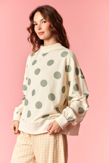 Peach Love Polka Dot Lightweight Mock Neck Sweatshirt in Cream/Sage