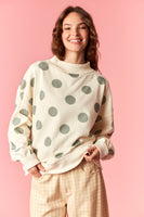 Peach Love Polka Dot Lightweight Mock Neck Sweatshirt in Cream/Sage