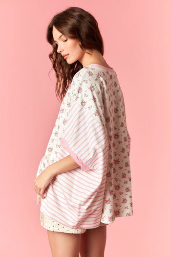 Peach Love Cotton Jersey Ditsy Flower Print and Stripe Print Top in Light Pink