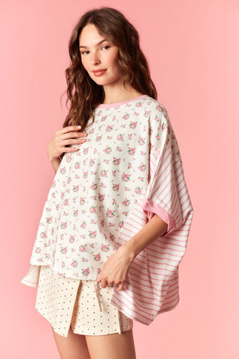 Peach Love Cotton Jersey Ditsy Flower Print and Stripe Print Top in Light Pink