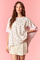 Peach Love Cotton Jersey Ditsy Flower Print and Stripe Print Top in Light Pink