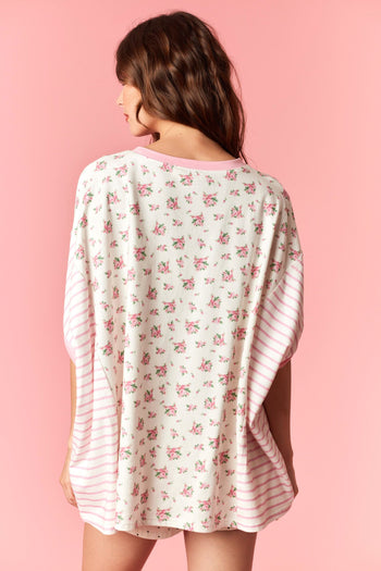 Peach Love Cotton Jersey Ditsy Flower Print and Stripe Print Top in Light Pink