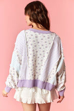 Load image into Gallery viewer, Peach Love Floral French Terry &amp; Pinstripe Denim Batwing Top in Light Purple
