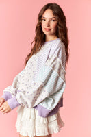 Peach Love Floral French Terry & Pinstripe Denim Batwing Top in Light Purple