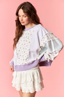 Peach Love Floral French Terry & Pinstripe Denim Batwing Top in Light Purple