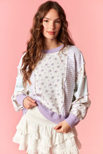 Load image into Gallery viewer, Peach Love Floral French Terry &amp; Pinstripe Denim Batwing Top in Light Purple
