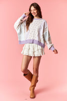 Peach Love Floral French Terry & Pinstripe Denim Batwing Top in Light Purple