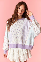 Peach Love Floral French Terry & Pinstripe Denim Batwing Top in Light Purple