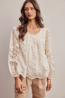 Forte Embroidered Lace Puff Sleeve Top in Ecru