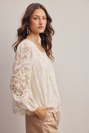Forte Embroidered Lace Puff Sleeve Top in Ecru
