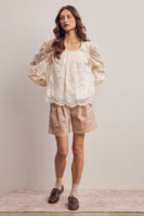 Forte Embroidered Lace Puff Sleeve Top in Ecru