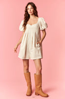 Peach Love Brushed Twill Romper with Contrasting Stitching in Ecru
