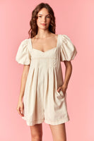 Peach Love Brushed Twill Romper with Contrasting Stitching in Ecru