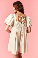 Peach Love Brushed Twill Romper with Contrasting Stitching in Ecru