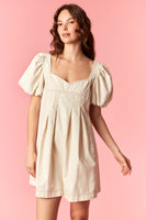 Peach Love Brushed Twill Romper with Contrasting Stitching in Ecru
