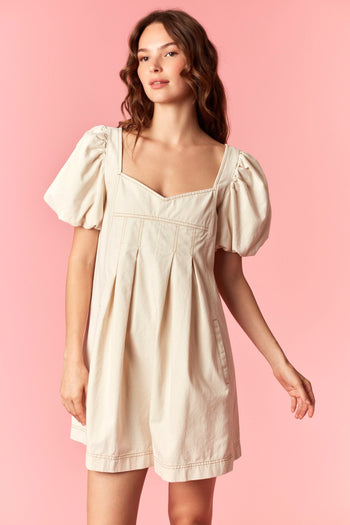 Peach Love Brushed Twill Romper with Contrasting Stitching in Ecru