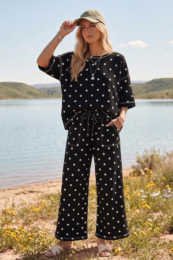Sewn+Seen Polka Dot Scuba Lounge Set in Black/White