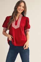 Jodifl Solid Color Top with Stripe Accents in Burgundy