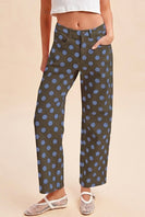 AnnieWear Polka Dot Print Cotton Twill Wide Straight Leg Pants in Dark Olive/Blue