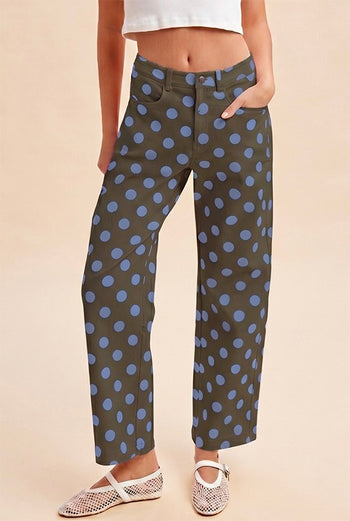 AnnieWear Polka Dot Print Cotton Twill Wide Straight Leg Pants in Dark Olive/Blue