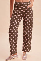 AnnieWear Polka Dot Print Cotton Twill Wide Straight Leg Pants in Mocha/Pink