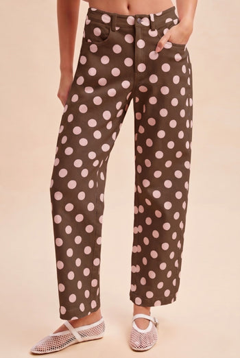 AnnieWear Polka Dot Print Cotton Twill Wide Straight Leg Pants in Mocha/Pink