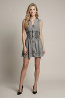 Doe & Rae Chambray V-neck Smocked Waist Zip-front Mini Dress in Black Denim
