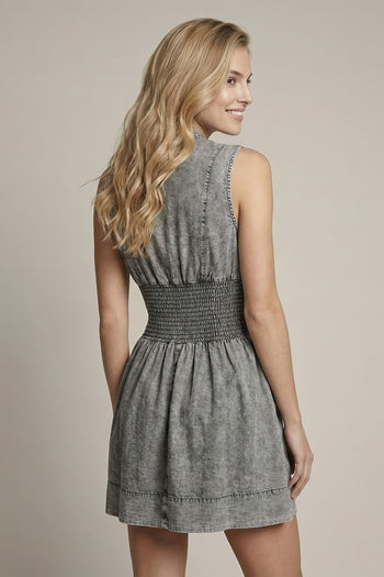 Doe & Rae Chambray V-neck Smocked Waist Zip-front Mini Dress in Black Denim