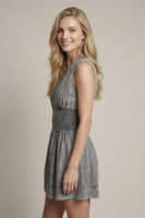 Doe & Rae Chambray V-neck Smocked Waist Zip-front Mini Dress in Black Denim