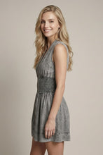 Load image into Gallery viewer, Doe &amp; Rae Chambray V-neck Smocked Waist Zip-front Mini Dress in Black Denim
