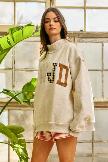 BucketList WWJD Embroidered Mock-neck Oversized Sweatshirt in Ash Grey