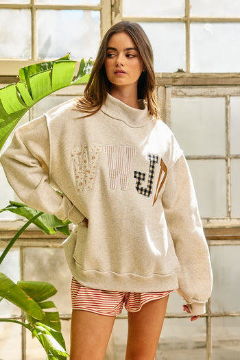 BucketList WWJD Embroidered Mock-neck Oversized Sweatshirt in Ash Grey