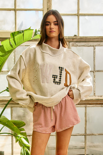 BucketList WWJD Embroidered Mock-neck Oversized Sweatshirt in Ash Grey