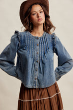 Load image into Gallery viewer, Listicle Pleated Ruffle Shoulder Denim Blouse in Sunwashed Blue
