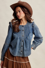 Load image into Gallery viewer, Listicle Pleated Ruffle Shoulder Denim Blouse in Sunwashed Blue
