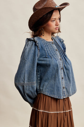 Listicle Pleated Ruffle Shoulder Denim Blouse in Sunwashed Blue