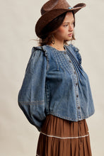 Load image into Gallery viewer, Listicle Pleated Ruffle Shoulder Denim Blouse in Sunwashed Blue
