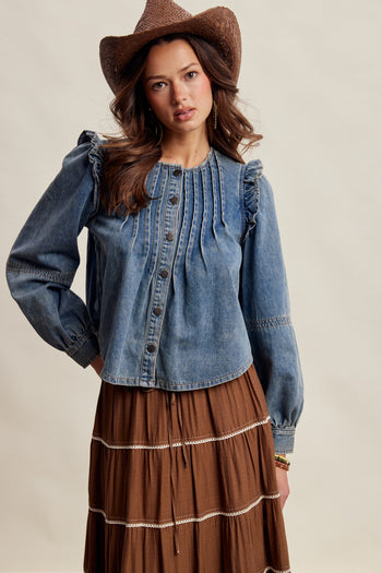 Listicle Pleated Ruffle Shoulder Denim Blouse in Sunwashed Blue