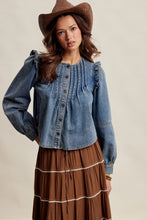 Load image into Gallery viewer, Listicle Pleated Ruffle Shoulder Denim Blouse in Sunwashed Blue
