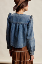 Load image into Gallery viewer, Listicle Pleated Ruffle Shoulder Denim Blouse in Sunwashed Blue
