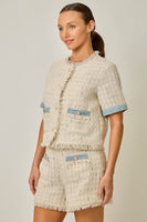 Mystree Short Sleeve Fringe Tweed Jacket in Ivory