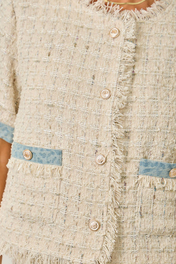 Mystree Short Sleeve Fringe Tweed Jacket in Ivory