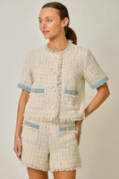Mystree Short Sleeve Fringe Tweed Jacket in Ivory