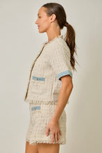Load image into Gallery viewer, Mystree Short Sleeve Fringe Tweed Jacket in Ivory

