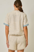Mystree Short Sleeve Fringe Tweed Jacket in Ivory