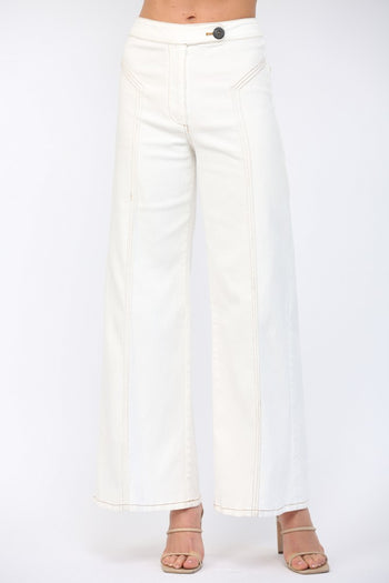 FATE Contrast Topstitching Detail High Waisted Flare Pants in Cream