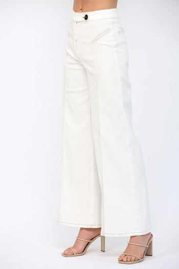 FATE Contrast Topstitching Detail High Waisted Flare Pants in Cream
