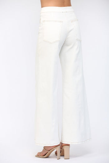 FATE Contrast Topstitching Detail High Waisted Flare Pants in Cream